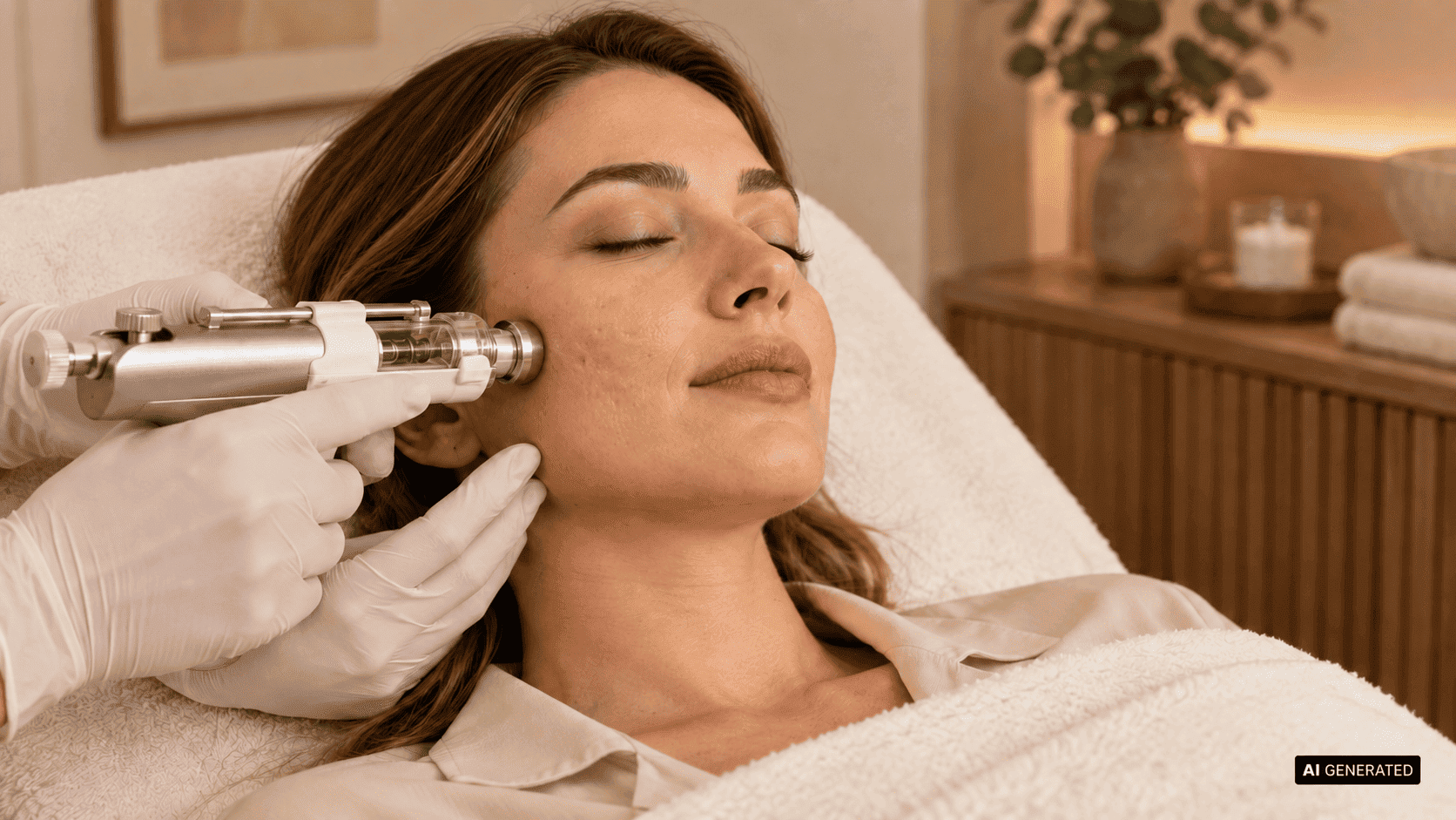 Frau erhält eine Mesotherapie im Gesicht zur sanften Behandlung von Aknenarben