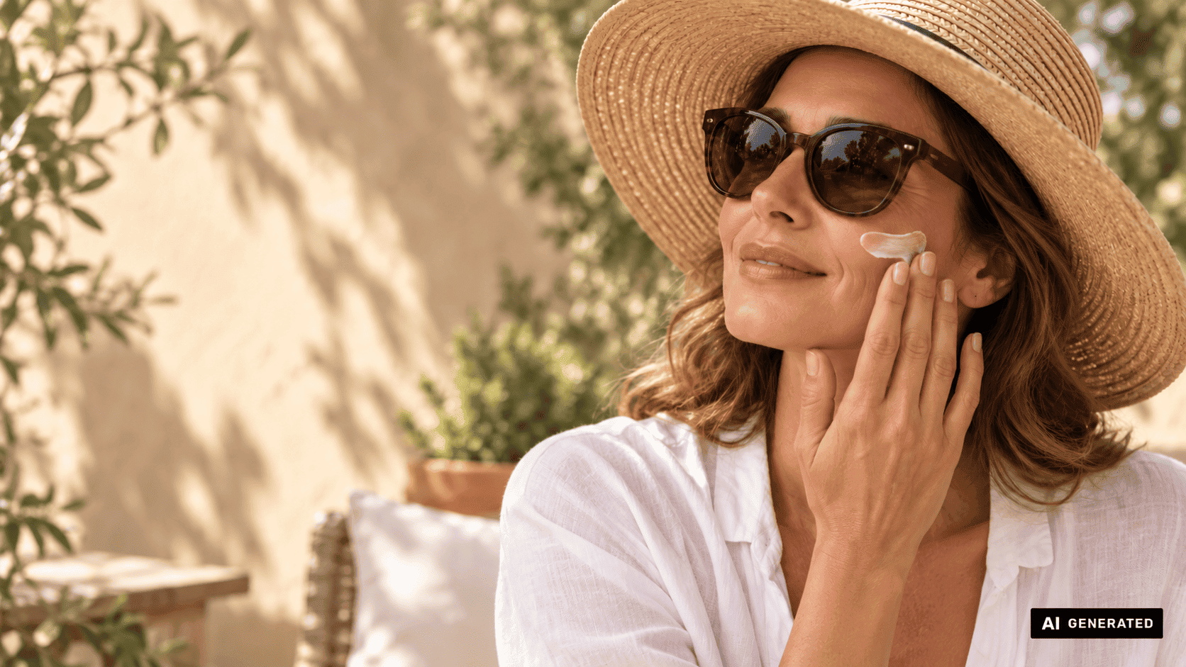 Frau mit Sonnenbrille und Sonnenhut trägt Sonnencreme auf, um Falten vorzubeugen